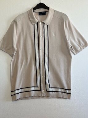 Psycho Bunny Men’s Knit Button Up Polo Shirt Short Sleeve Beige Cream Size L